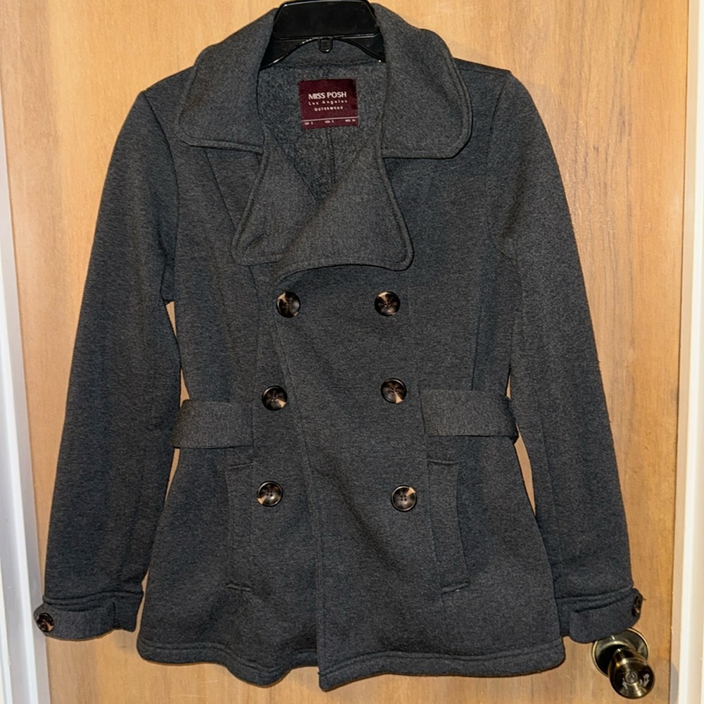Miss Posh Double Breasted Pea Coat Dark Gray Belt Pockets Miss Posh Small